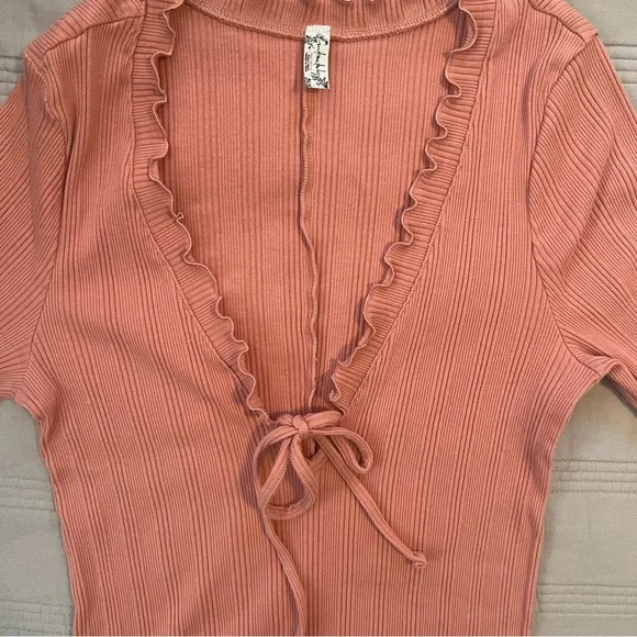 Intimately Free People Fall For You Ruffled Tie Front Ribbed Blouse Coral - Picture 3 of 9